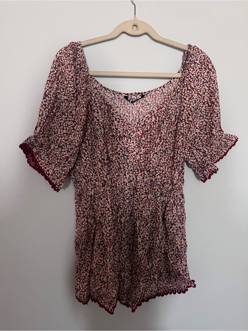 BloomChic Burgundy and Cream Floral Peasant Blouse